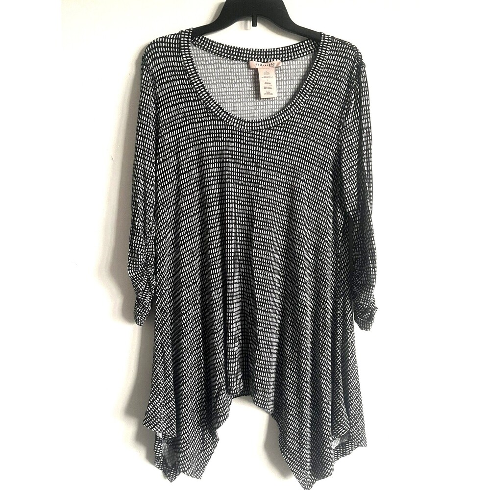 Philosophy Tunic Top Black White Asymmetrical Hem Soft Knit Size Large